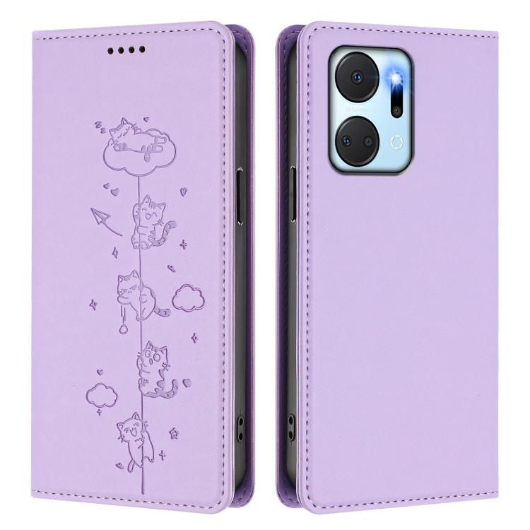 For Honor X7a 4G / Play7T 5G Cute Cats Embossed Magnetic RFID Vegan Leather Phone Case