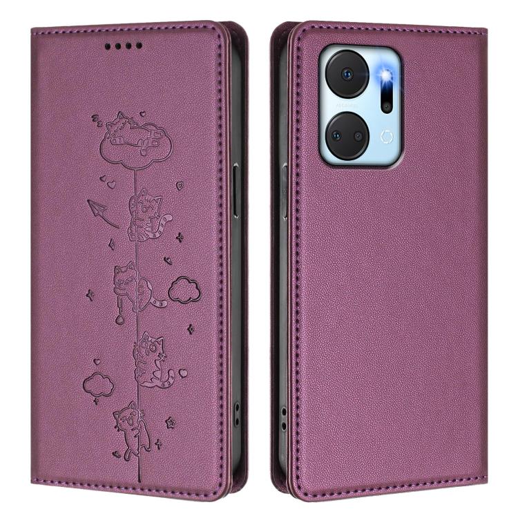 For Honor X7a 4G / Play7T 5G Cute Cats Embossed Magnetic RFID Vegan Leather Phone Case