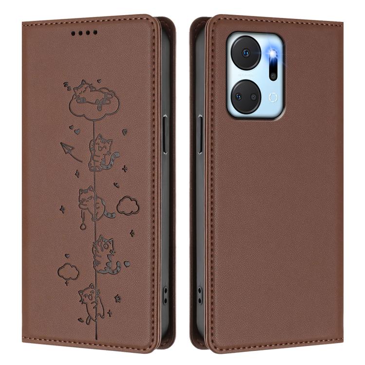 For Honor X7a 4G / Play7T 5G Cute Cats Embossed Magnetic RFID Vegan Leather Phone Case