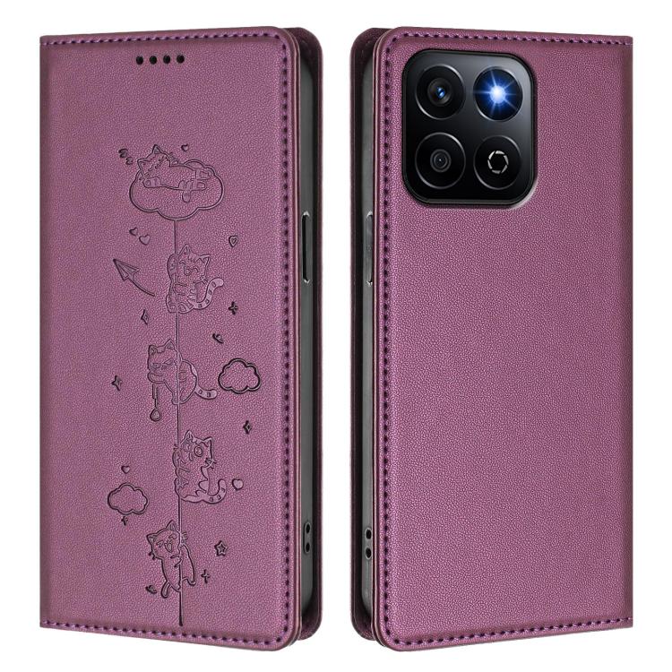 For Honor X7c 4G Cute Cats Embossed Magnetic RFID Vegan Leather Phone Case