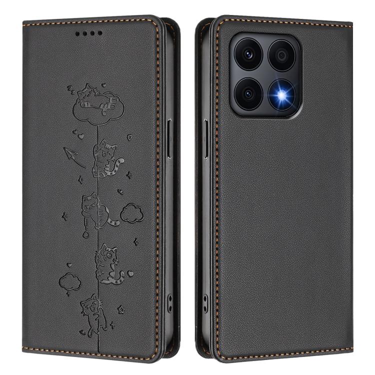 For Honor X8a Cute Cats Embossed Magnetic RFID Vegan Leather Phone Case