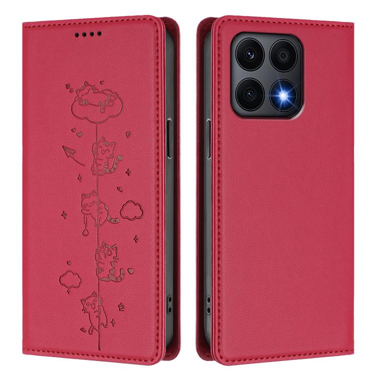 For Honor X8a Cute Cats Embossed Magnetic RFID Vegan Leather Phone Case