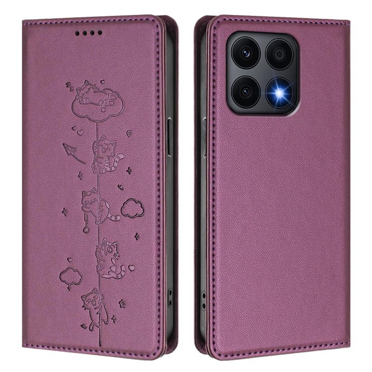 For Honor X8a Cute Cats Embossed Magnetic RFID Vegan Leather Phone Case