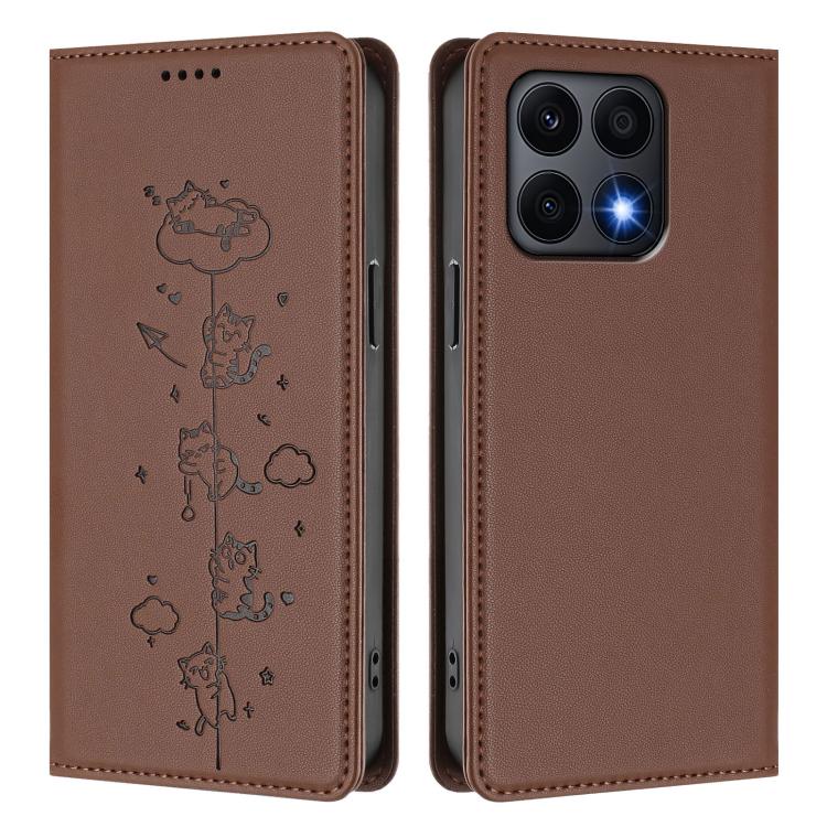 For Honor X8a Cute Cats Embossed Magnetic RFID Vegan Leather Phone Case