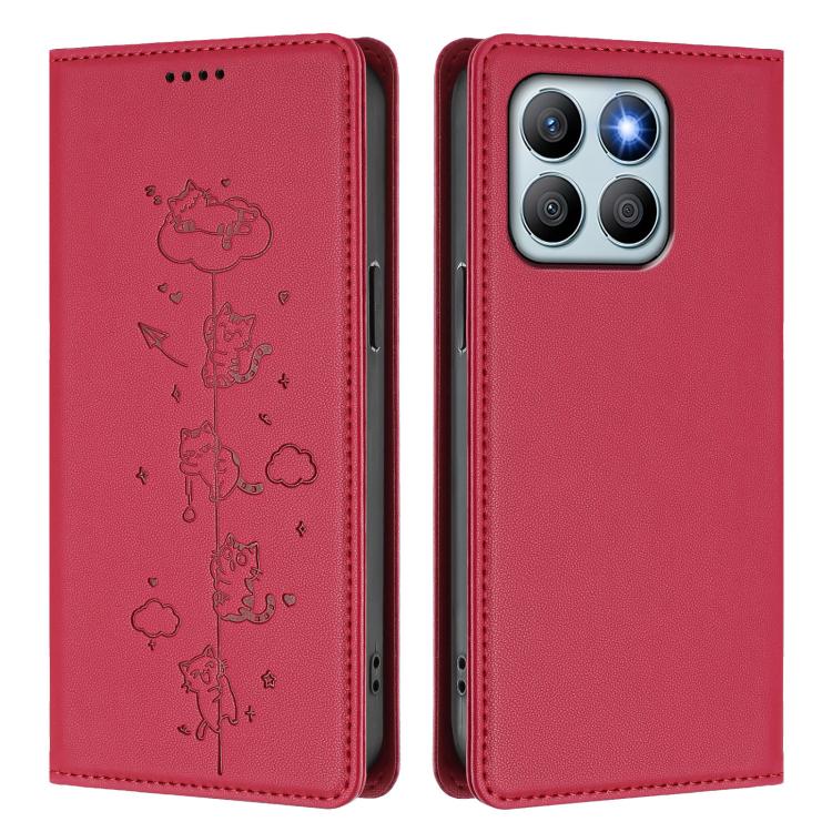 For Honor X8b Cute Cats Embossed Magnetic RFID Vegan Leather Phone Case