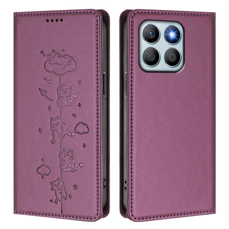 For Honor X8b Cute Cats Embossed Magnetic RFID Vegan Leather Phone Case