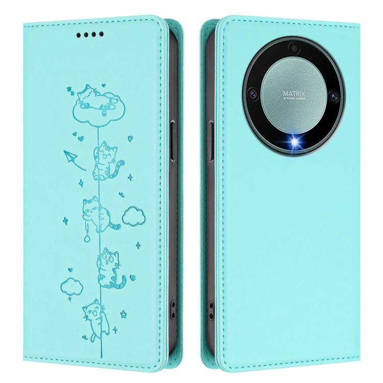 For Honor X9a 5G Cute Cats Embossed Magnetic RFID Vegan Leather Phone Case
