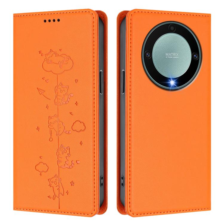 For Honor X9a 5G Cute Cats Embossed Magnetic RFID Vegan Leather Phone Case