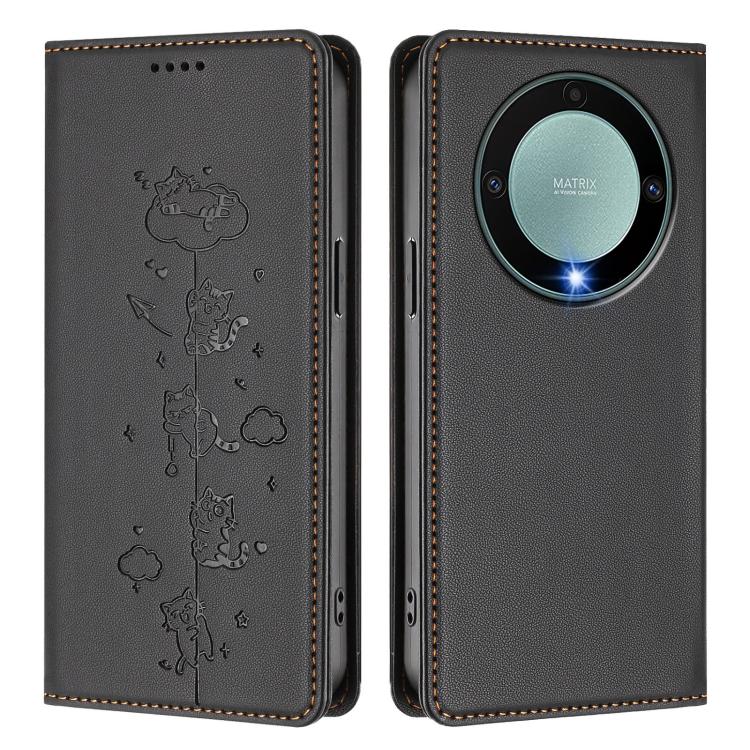 For Honor X9a 5G Cute Cats Embossed Magnetic RFID Vegan Leather Phone Case