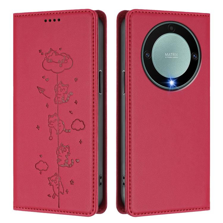 For Honor X9a 5G Cute Cats Embossed Magnetic RFID Vegan Leather Phone Case