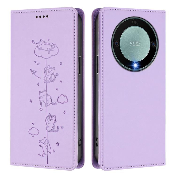 For Honor X9a 5G Cute Cats Embossed Magnetic RFID Vegan Leather Phone Case