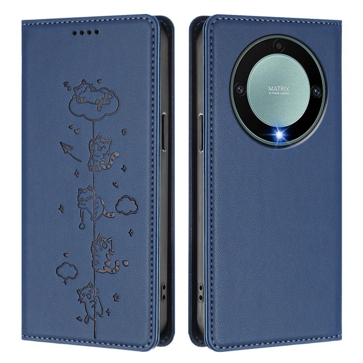 For Honor X9a 5G Cute Cats Embossed Magnetic RFID Vegan Leather Phone Case
