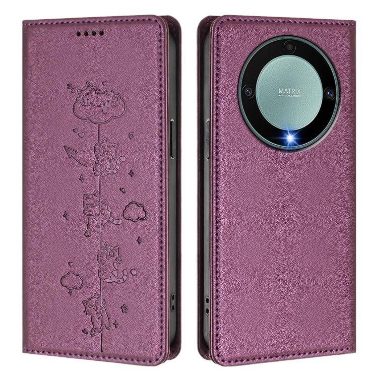 For Honor X9a 5G Cute Cats Embossed Magnetic RFID Vegan Leather Phone Case