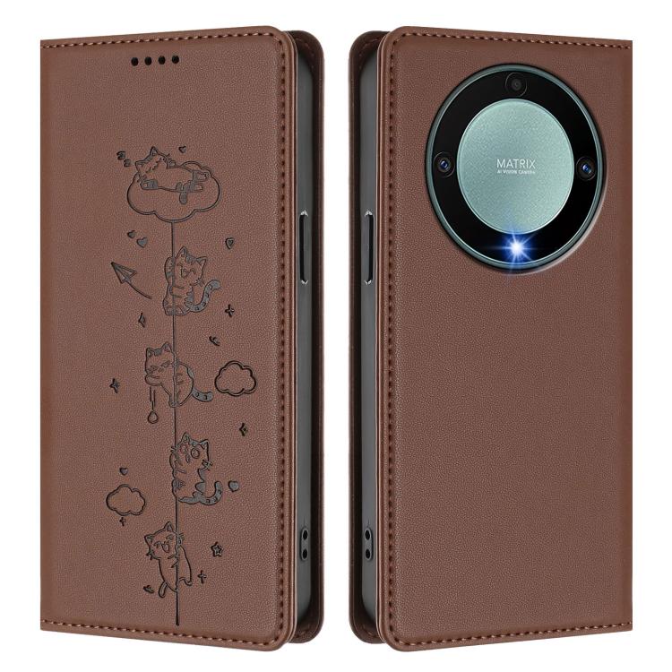 For Honor X9a 5G Cute Cats Embossed Magnetic RFID Vegan Leather Phone Case