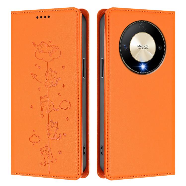 For Honor X9b 5G Cute Cats Embossed Magnetic RFID Vegan Leather Phone Case
