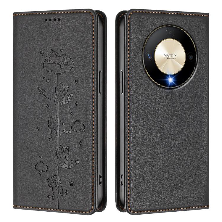 For Honor X9b 5G Cute Cats Embossed Magnetic RFID Vegan Leather Phone Case