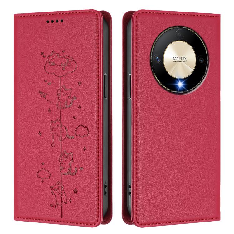 For Honor X9b 5G Cute Cats Embossed Magnetic RFID Vegan Leather Phone Case