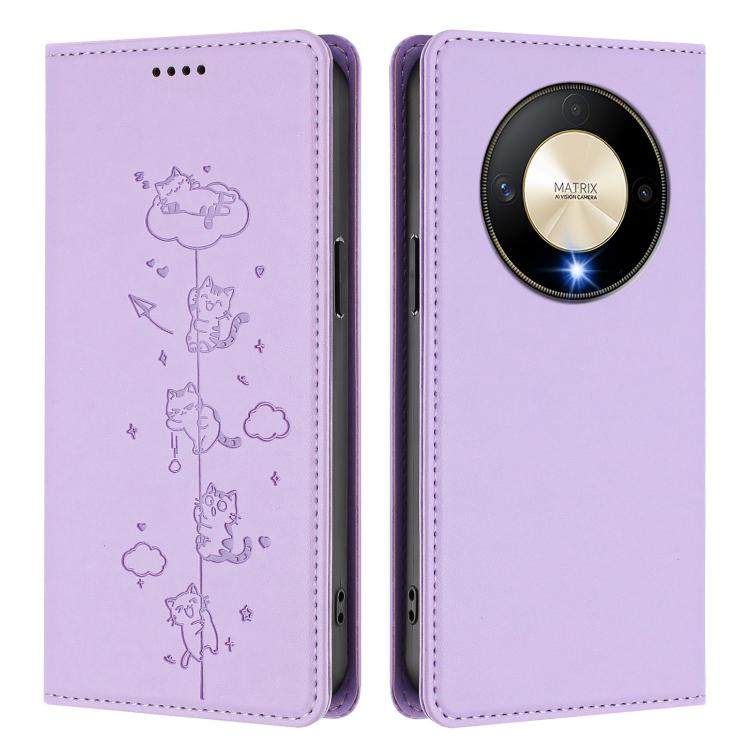 For Honor X9b 5G Cute Cats Embossed Magnetic RFID Vegan Leather Phone Case