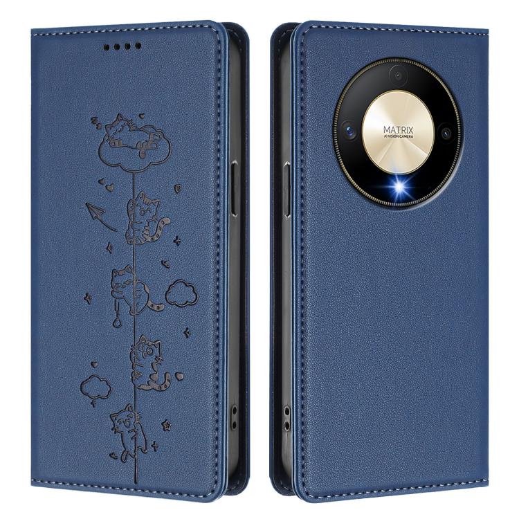 For Honor X9b 5G Cute Cats Embossed Magnetic RFID Vegan Leather Phone Case