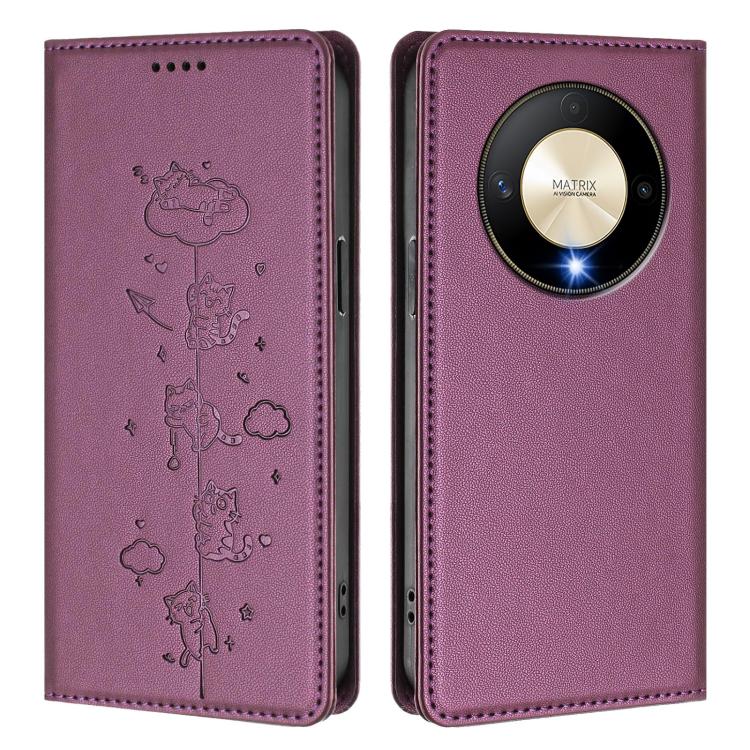 For Honor X9b 5G Cute Cats Embossed Magnetic RFID Vegan Leather Phone Case