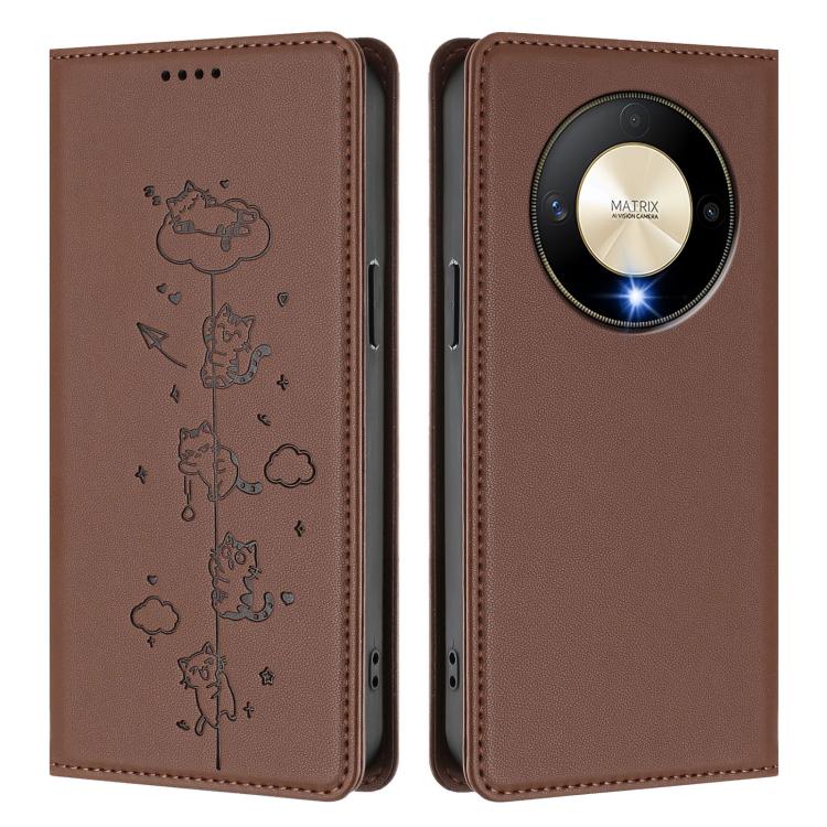 For Honor X9b 5G Cute Cats Embossed Magnetic RFID Vegan Leather Phone Case