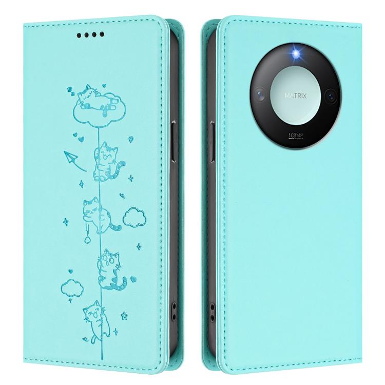 For Honor X9c Smart 5G Cute Cats Embossed Magnetic RFID Vegan Leather Phone Case