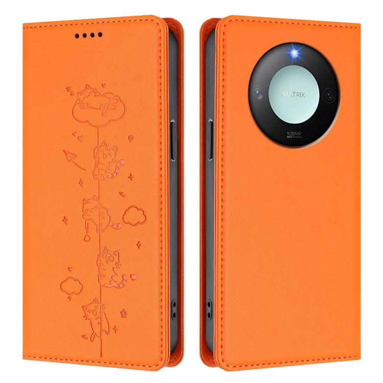 For Honor X9c Smart 5G Cute Cats Embossed Magnetic RFID Vegan Leather Phone Case