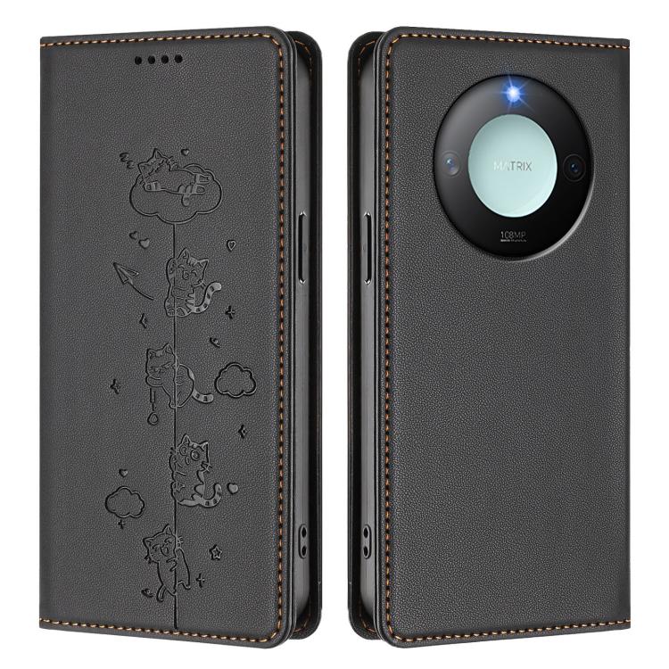 For Honor X9c Smart 5G Cute Cats Embossed Magnetic RFID Vegan Leather Phone Case