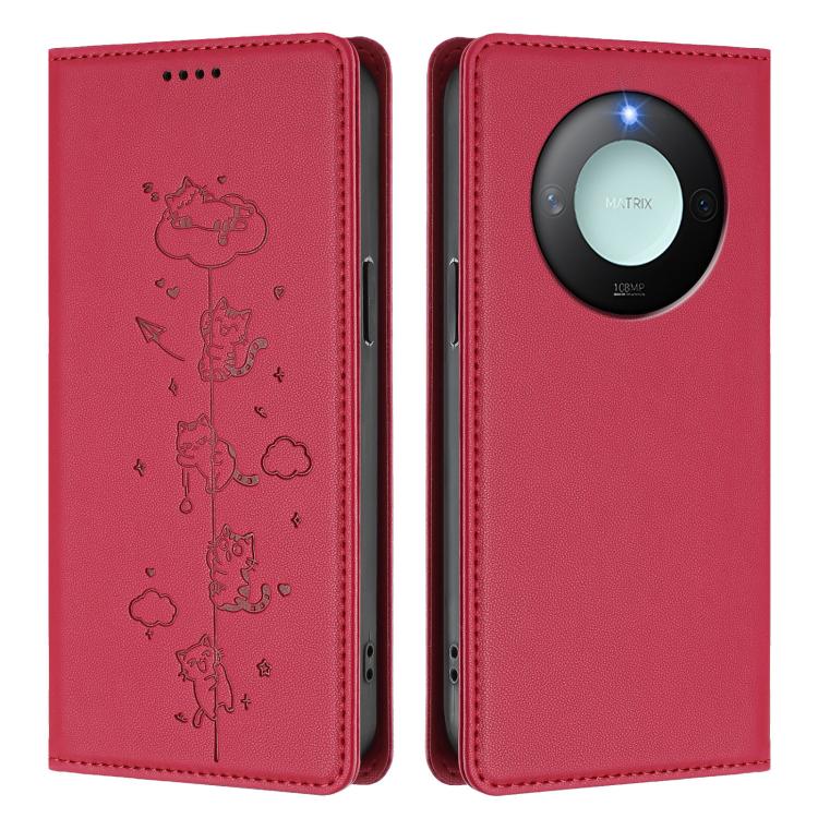 For Honor X9c Smart 5G Cute Cats Embossed Magnetic RFID Vegan Leather Phone Case