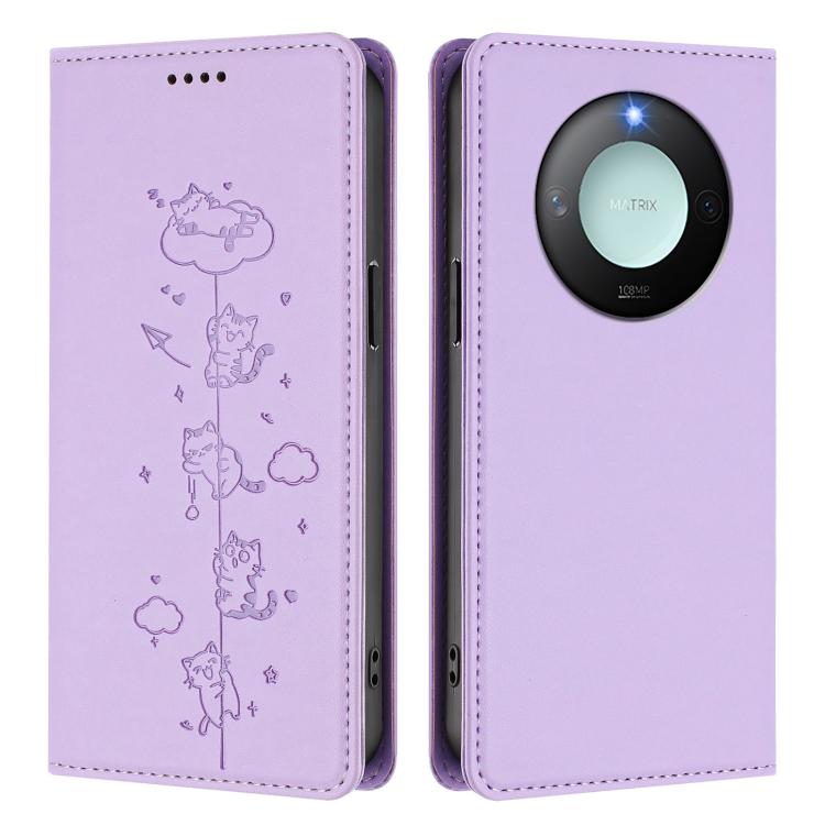 For Honor X9c Smart 5G Cute Cats Embossed Magnetic RFID Vegan Leather Phone Case