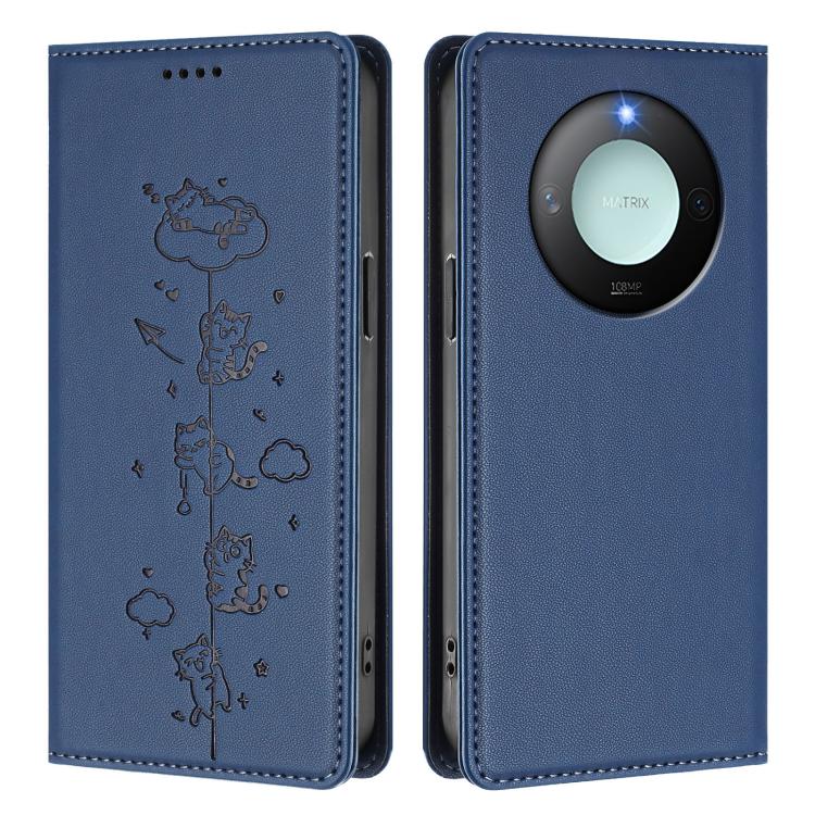 For Honor X9c Smart 5G Cute Cats Embossed Magnetic RFID Vegan Leather Phone Case