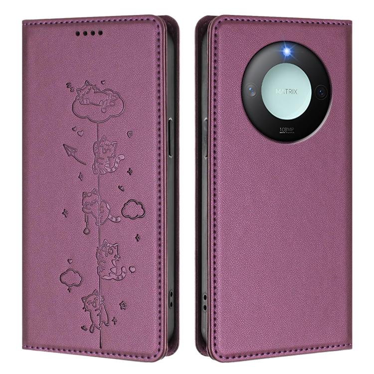 For Honor X9c Smart 5G Cute Cats Embossed Magnetic RFID Vegan Leather Phone Case