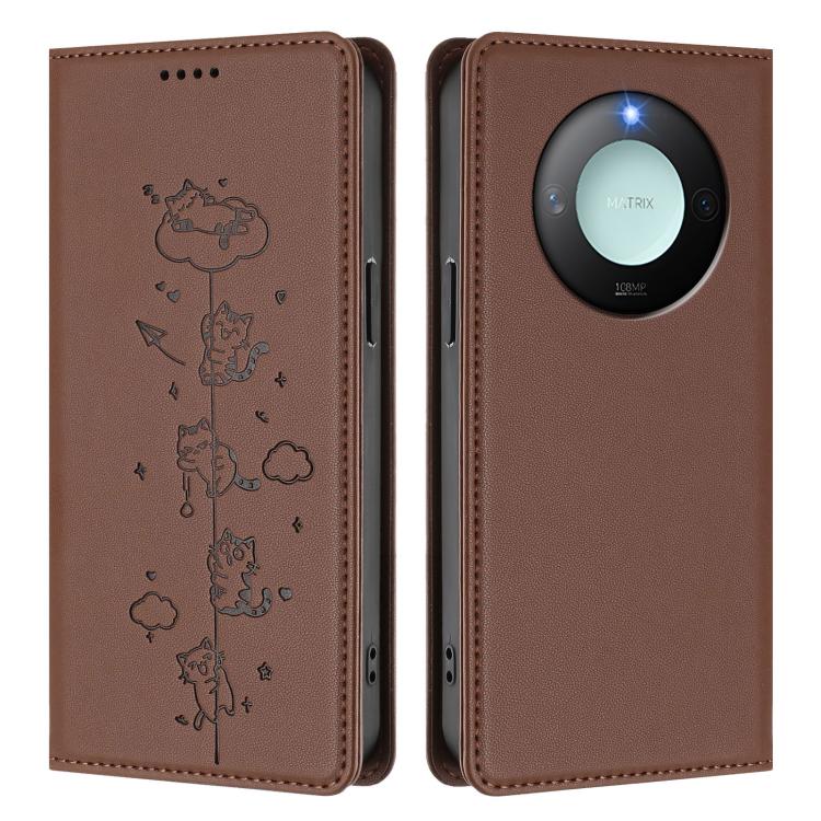For Honor X9c Smart 5G Cute Cats Embossed Magnetic RFID Vegan Leather Phone Case