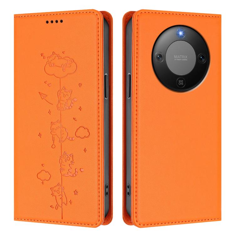 For Honor X9d 5G / Magic8 Lite Cute Cats Embossed Magnetic RFID Vegan Leather Phone Case