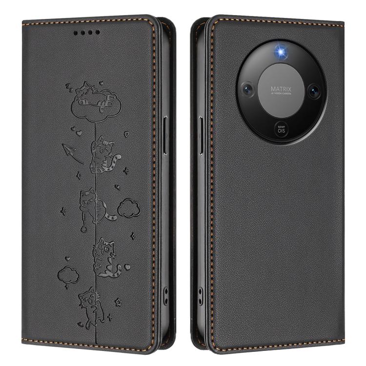 For Honor X9d 5G / Magic8 Lite Cute Cats Embossed Magnetic RFID Vegan Leather Phone Case