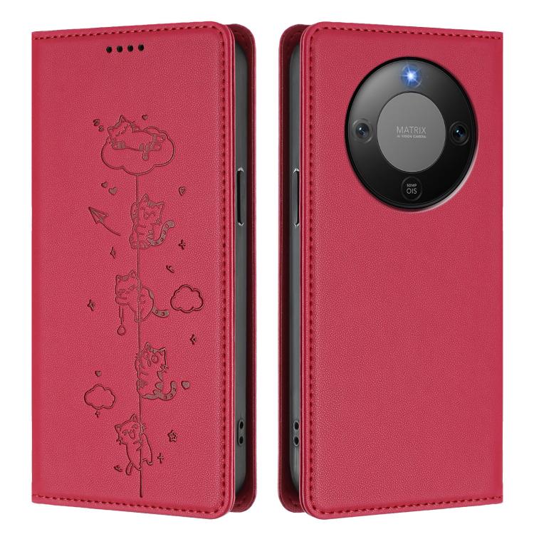 For Honor X9d 5G / Magic8 Lite Cute Cats Embossed Magnetic RFID Vegan Leather Phone Case