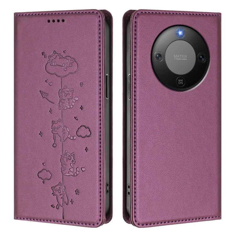 For Honor X9d 5G / Magic8 Lite Cute Cats Embossed Magnetic RFID Vegan Leather Phone Case