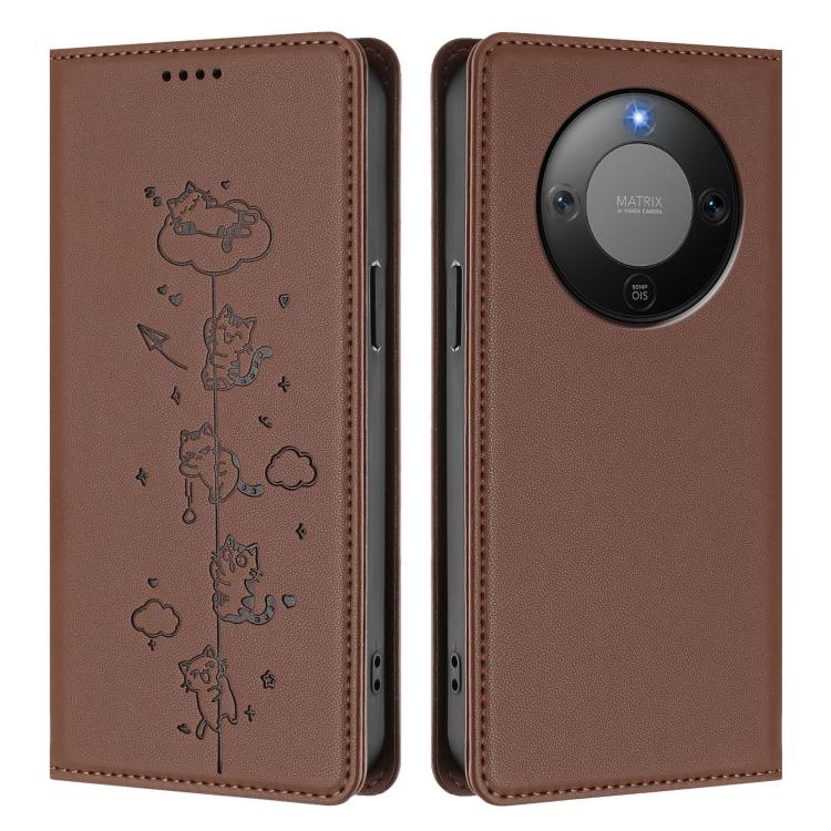 For Honor X9d 5G / Magic8 Lite Cute Cats Embossed Magnetic RFID Vegan Leather Phone Case