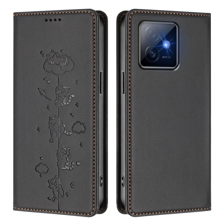 For Honor X60 GT 5G Cute Cats Embossed Magnetic RFID Vegan Leather Phone Case