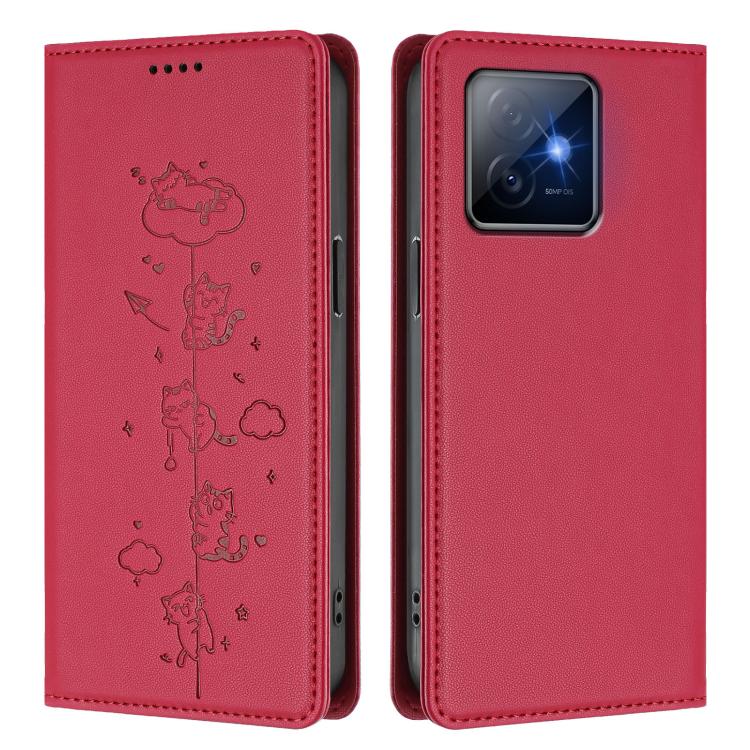 For Honor X60 GT 5G Cute Cats Embossed Magnetic RFID Vegan Leather Phone Case
