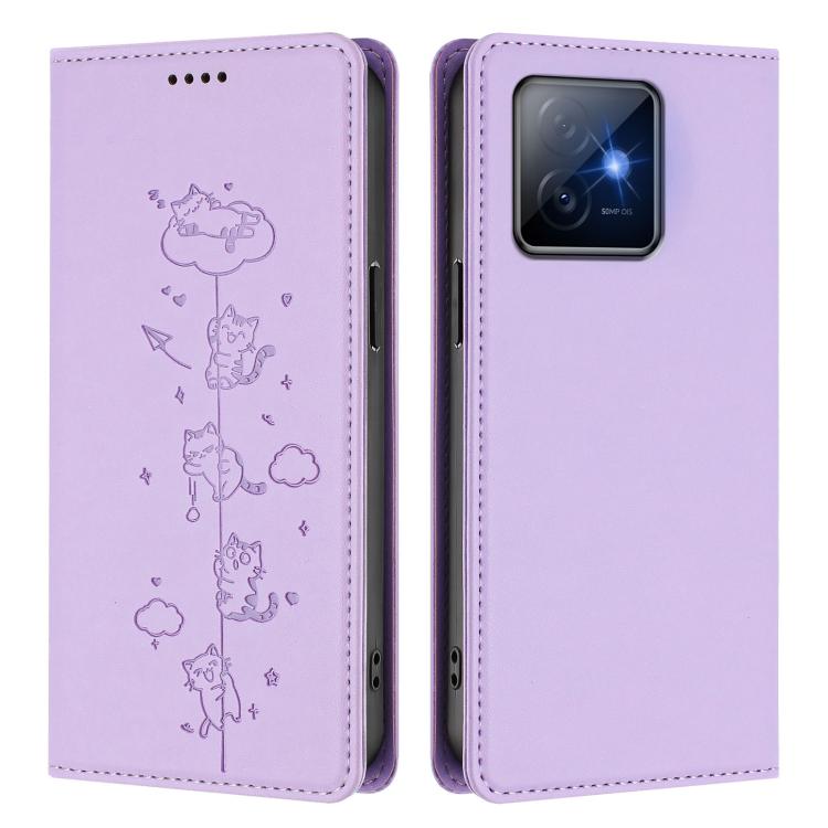 For Honor X60 GT 5G Cute Cats Embossed Magnetic RFID Vegan Leather Phone Case