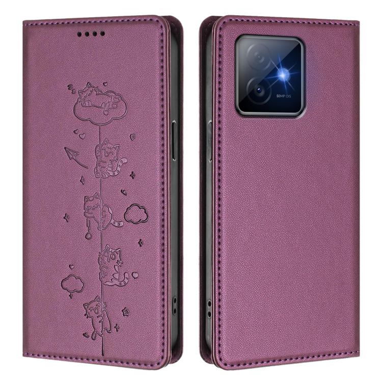 For Honor X60 GT 5G Cute Cats Embossed Magnetic RFID Vegan Leather Phone Case