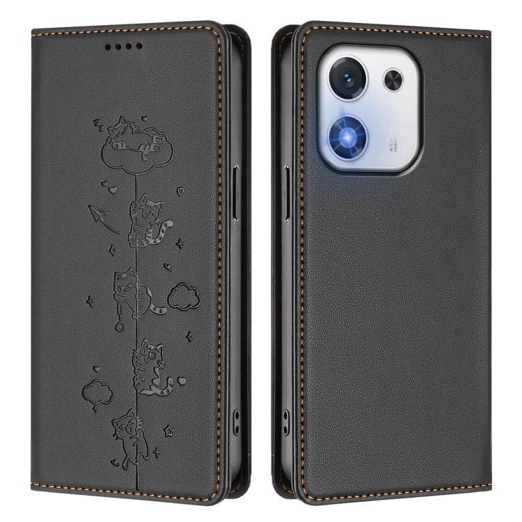 For Honor X70i 5G Cute Cats Embossed Magnetic RFID Vegan Leather Phone Case