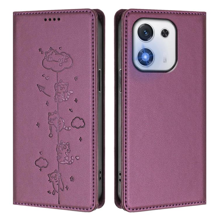 For Honor X70i 5G Cute Cats Embossed Magnetic RFID Vegan Leather Phone Case