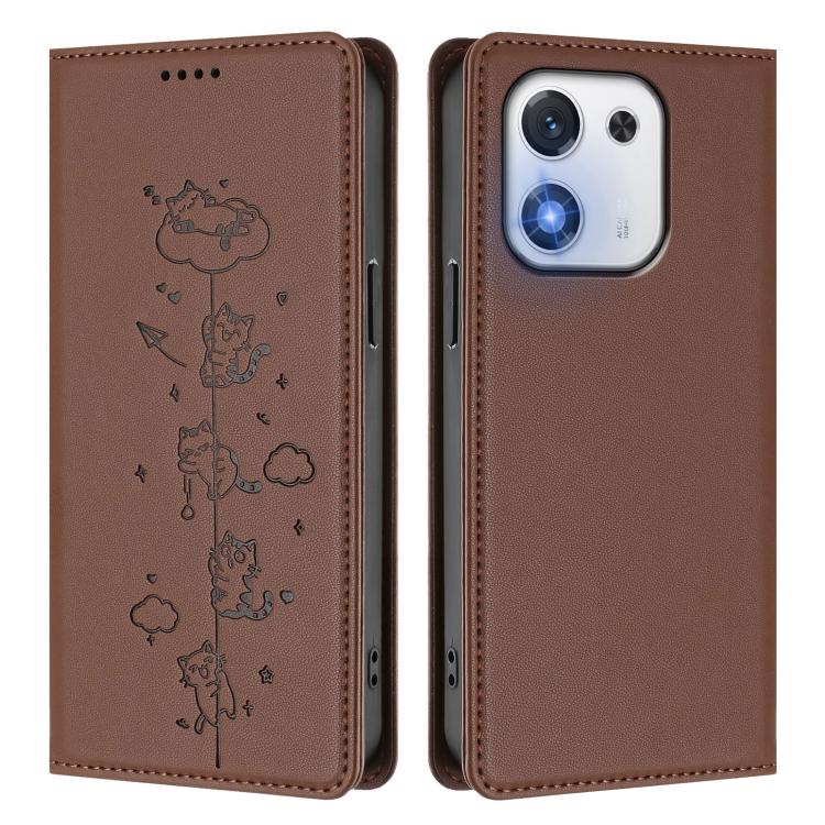 For Honor X70i 5G Cute Cats Embossed Magnetic RFID Vegan Leather Phone Case