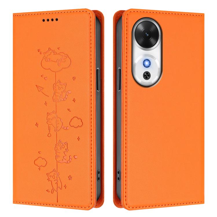 For Honor Play 60 5G Cute Cats Embossed Magnetic RFID Vegan Leather Phone Case
