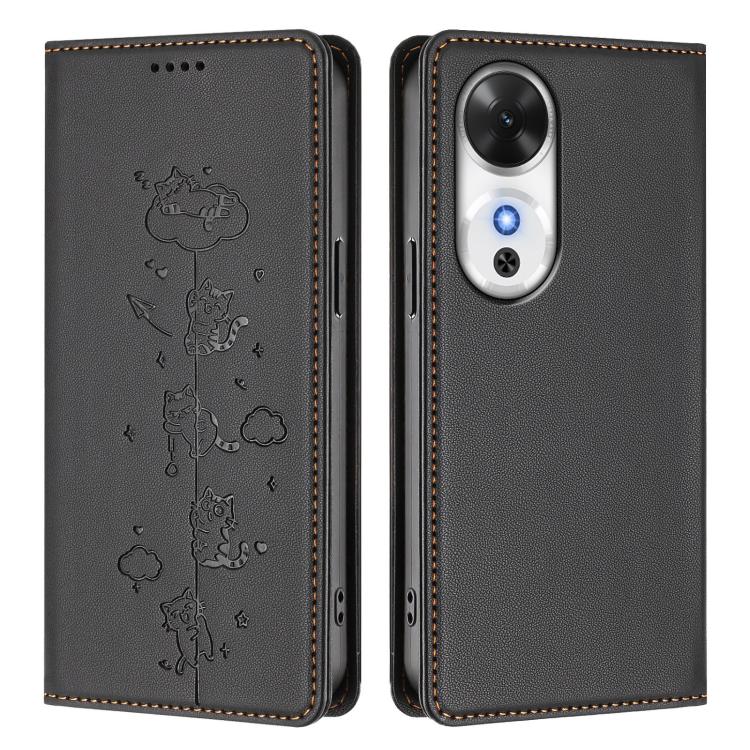 For Honor Play 60 5G Cute Cats Embossed Magnetic RFID Vegan Leather Phone Case