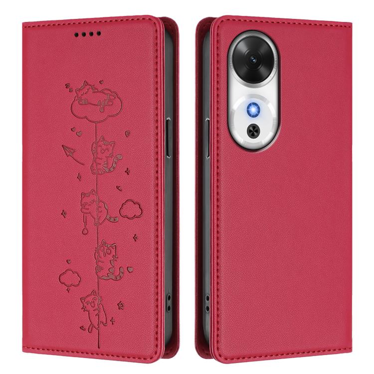 For Honor Play 60 5G Cute Cats Embossed Magnetic RFID Vegan Leather Phone Case