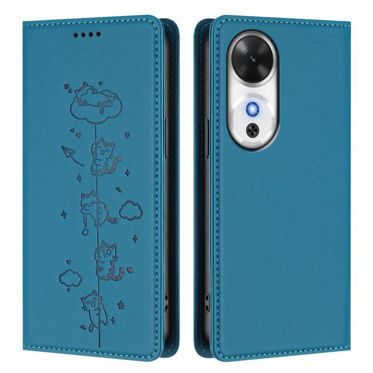 For Honor Play 60 5G Cute Cats Embossed Magnetic RFID Vegan Leather Phone Case