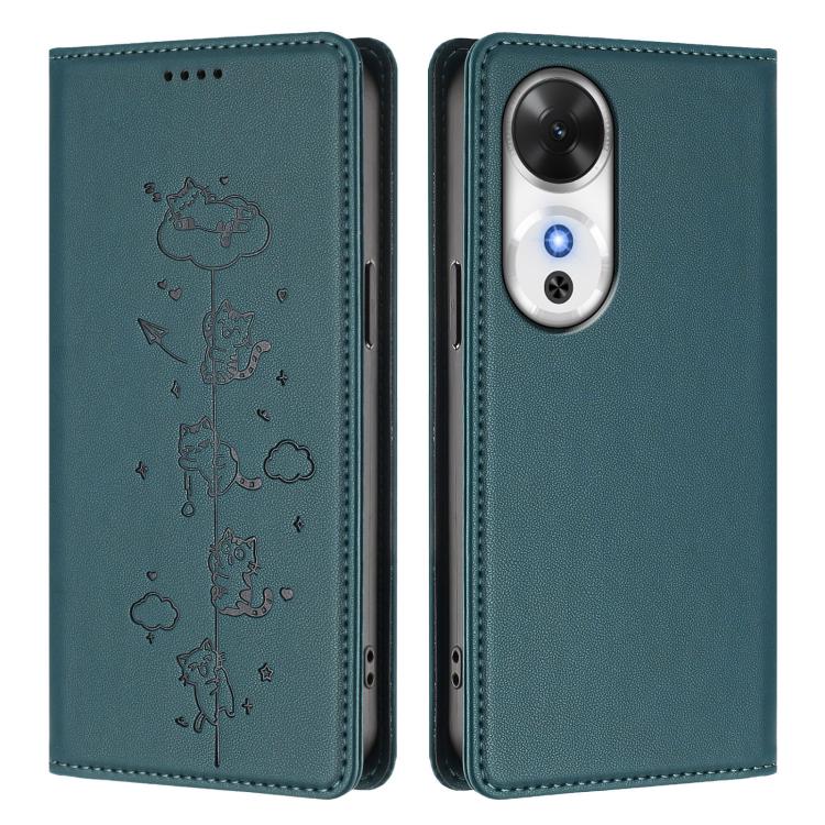 For Honor Play 60 5G Cute Cats Embossed Magnetic RFID Vegan Leather Phone Case